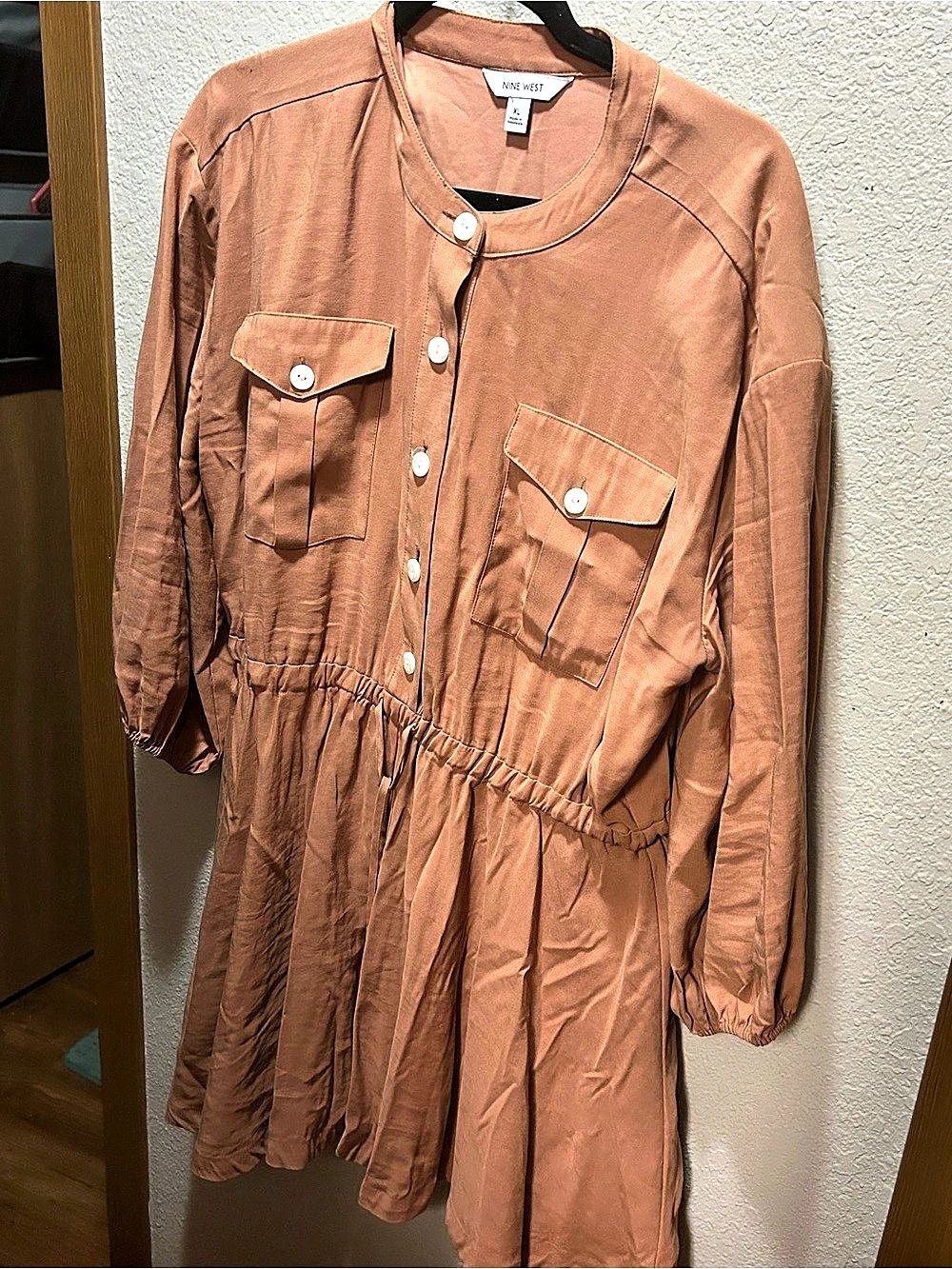 Nine West Long Sleeve Utility Midi Dress Light Brown XL